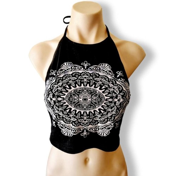 Black halter tie kite crop top with white mandala screen print on front. - Picture 3 of 7